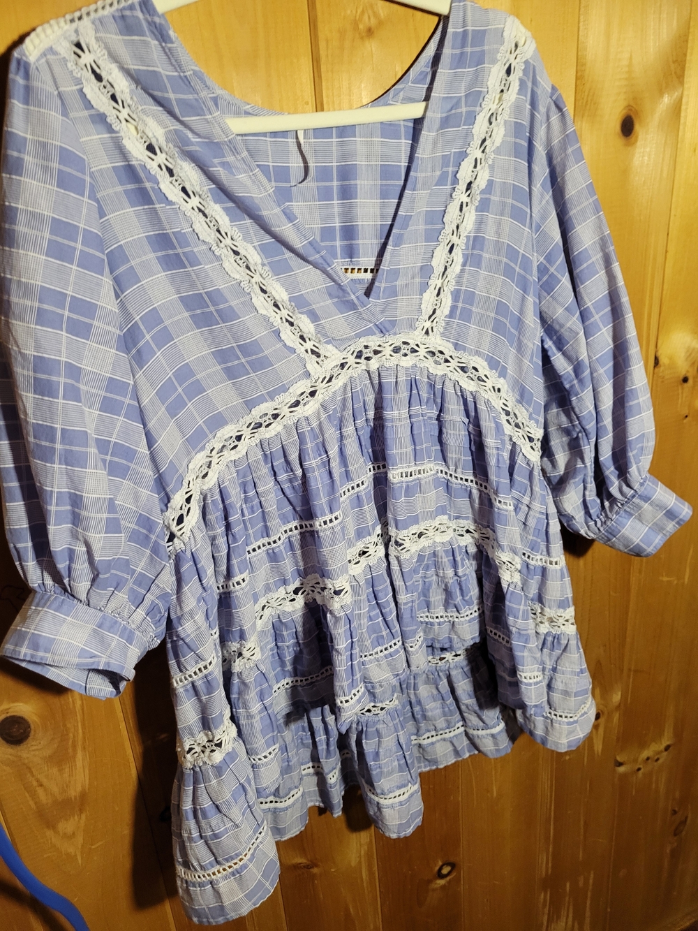 Free People Light Blue Plaid Lace-Trim Tiered Peasant Tunic